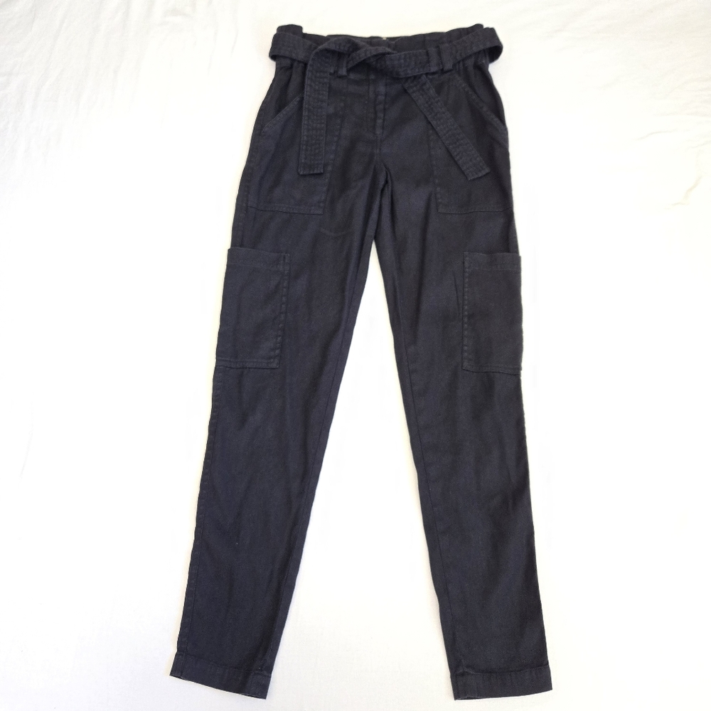 A.L.C. Tapered Leg Pants Paperbag Waist Tie Belt Linen Blend Black Size 0